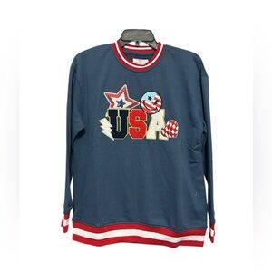 Simply Southern Blue Crewneck with Red & White Striped Trim